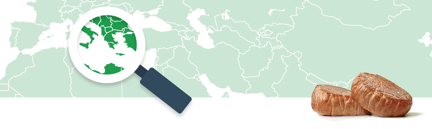 A magnifying glass focuses on a region of a world map, while two brown objects sit in the foreground.